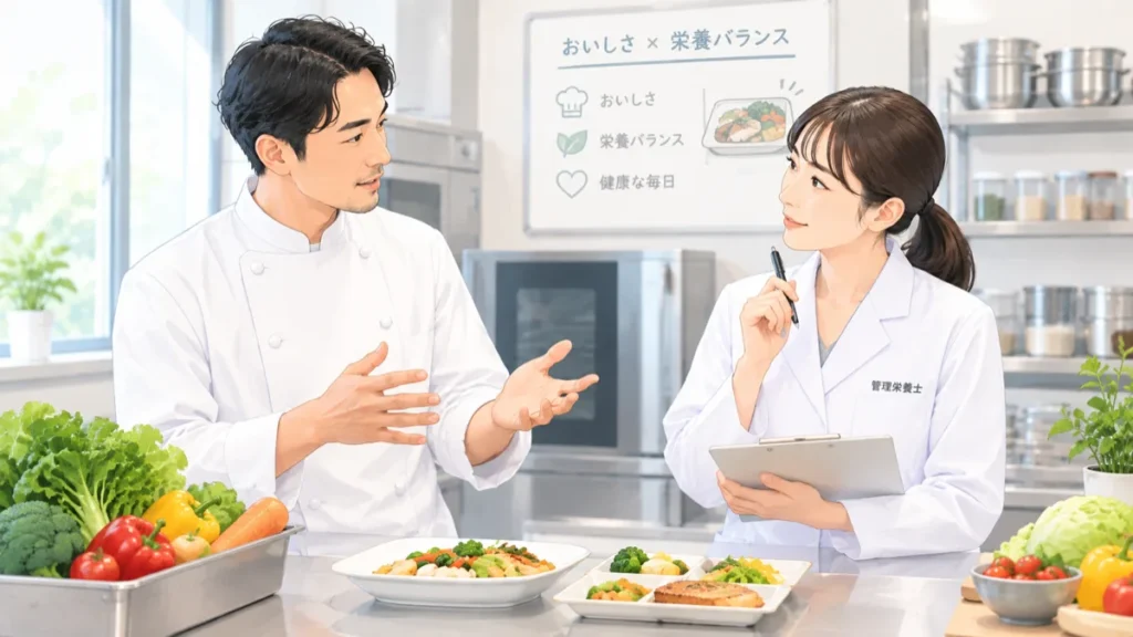 シェフと管理栄養士がおいしさと栄養バランスを両立した献立を考えるイメージ