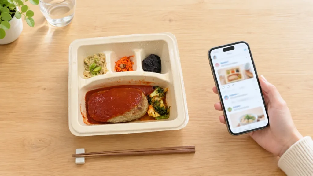 スマホでナッシュのメニューを確認するイメージ。ご飯付きメニューを探せる