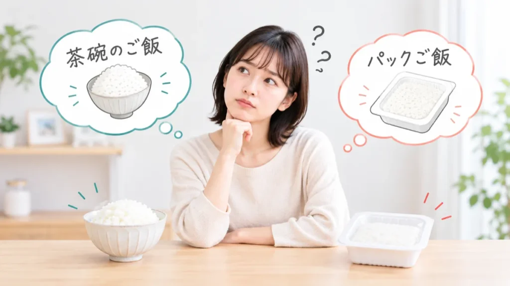 炊いた茶碗のご飯とパックご飯のどちらにするか迷う様子。ナッシュに足すご飯の選び方