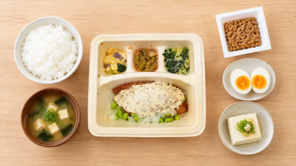 ナッシュのおかずにご飯と味噌汁、納豆を足した食卓。おかずだけでも一汁三菜にできる