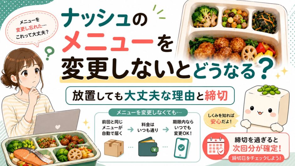 nosh(ナッシュ)のメニューを変更しないとどうなる?放置しても大丈夫な理由と締切を解説するアイキャッチ画像